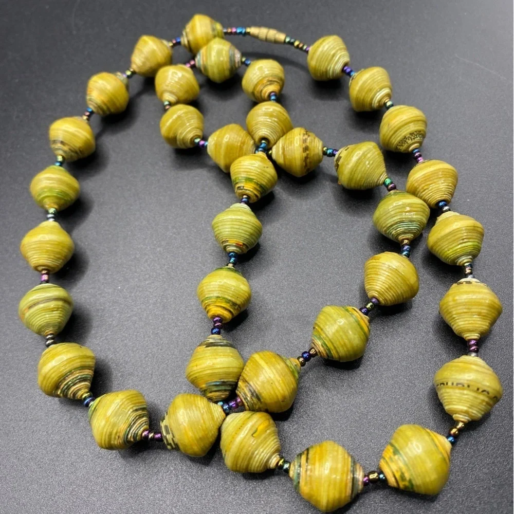 Kitchy Paper Beads Necklace Green With Seed Beads Artisan Made
